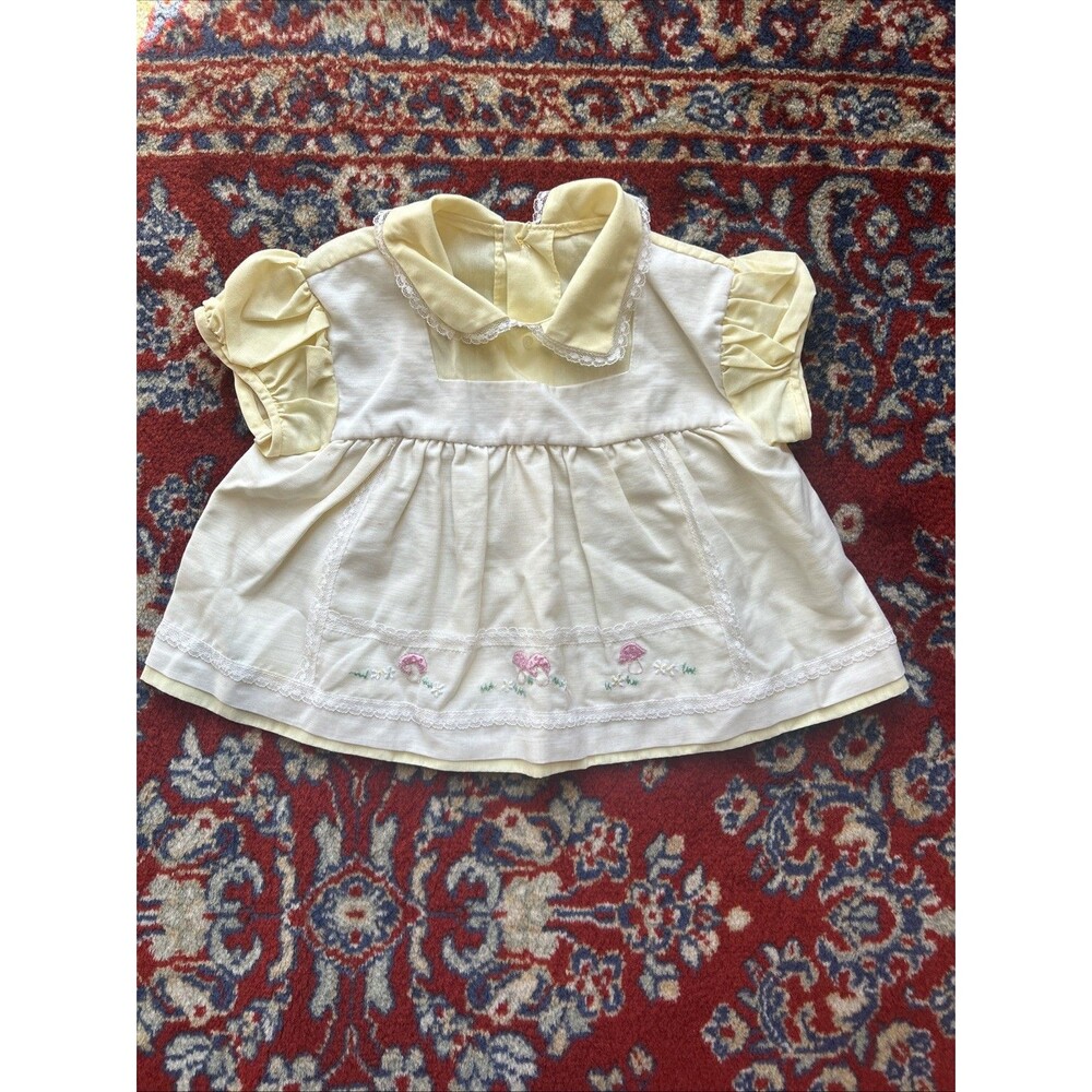 Vintage 0-3 Months Yellow Baby Mushroom Garden Embroidered Dress Cottagecore